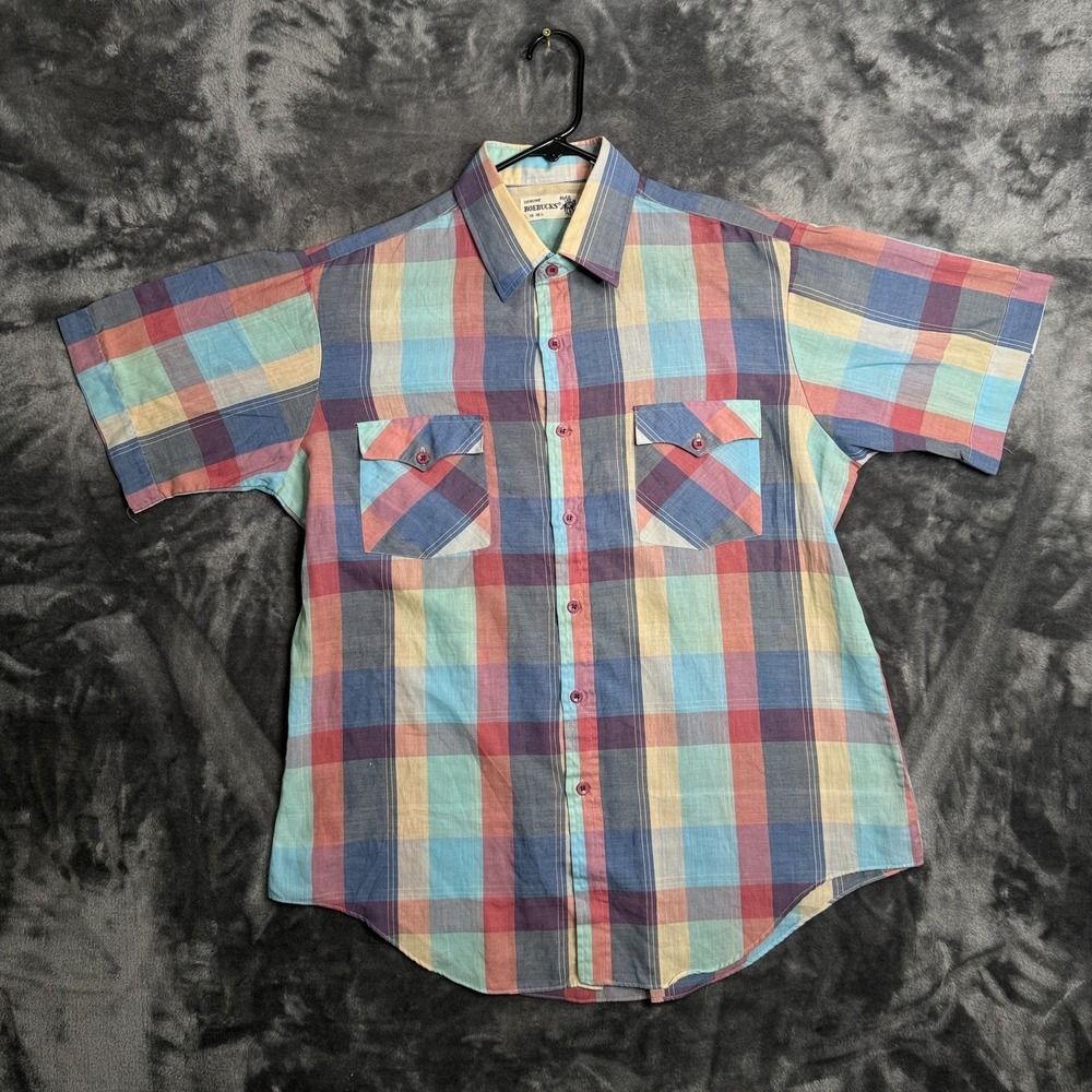 True Vintage Sears Roebuck Button Up Short Sleeve Plaid Double Pocket Size 16